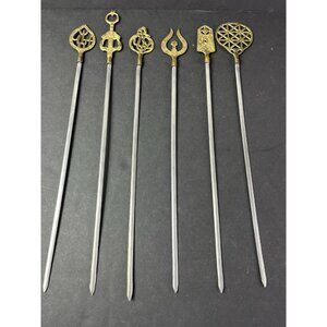 Vintage Turkish Greek Inoxidable Brass Steel Shish Kabob Skewers BBQ Set Of 6